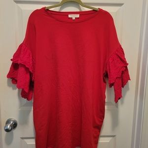 Umgee Plus Red Tshirt Dress with 3/4 eyelet lace sleeves Size 1XL